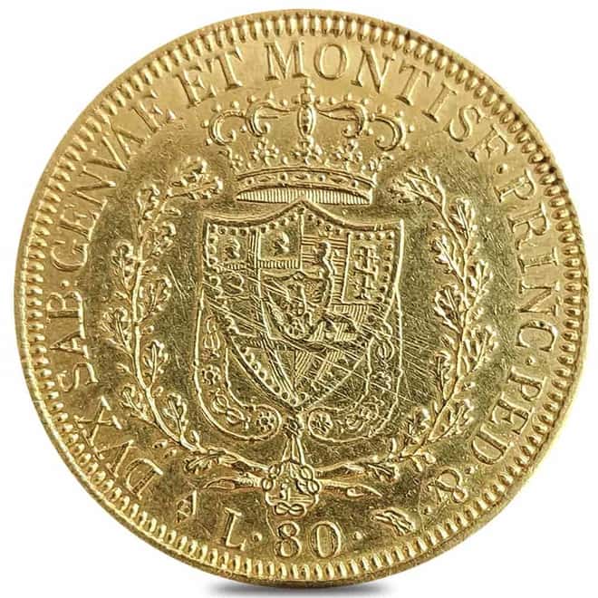 1824-1831 80 Lire Italian States Sardinia Charles Felix Gold Coin Cleaned (Random Year)