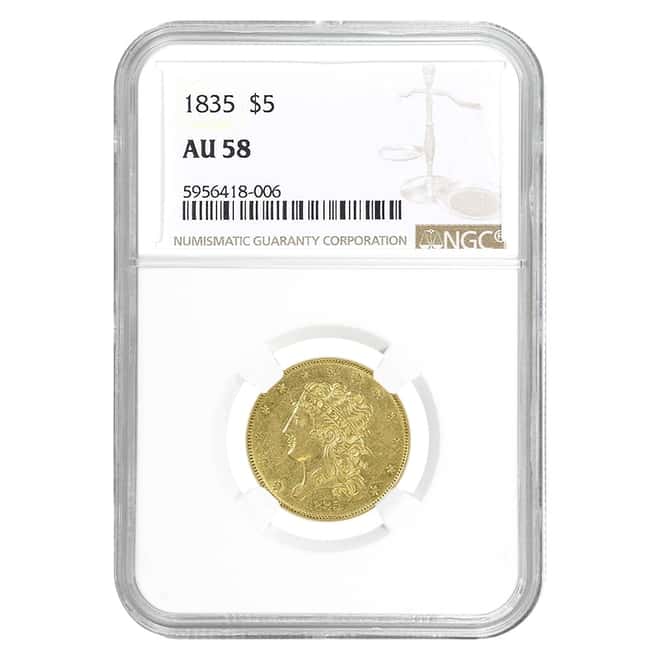 1835 $5 Classic Head Half Eagle Gold Coin NGC AU 58