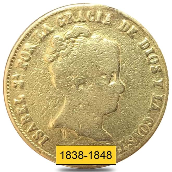 1838-1848 Spain Isabel II 80 Reales Gold Coin Ex-Jewelry (Random Year)
