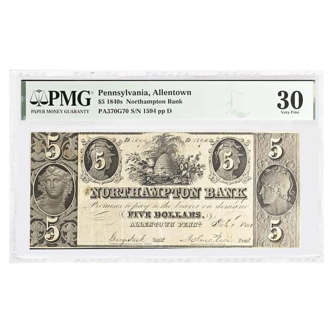 1840s $5 Northampton Bank Allentown Pennsylvania PMG VF 30