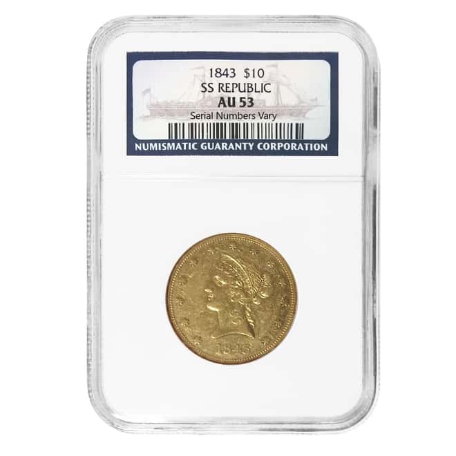 1843 $10 Liberty Head Gold Eagle Coin SS Republic Shipwreck NGC AU 53