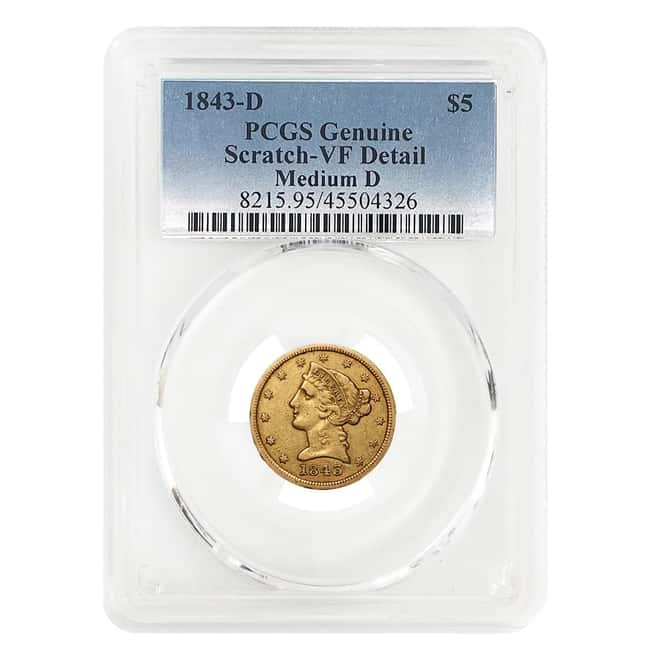 1843 D $5 Liberty Head Half Eagle Gold Coin PCGS VF Detail