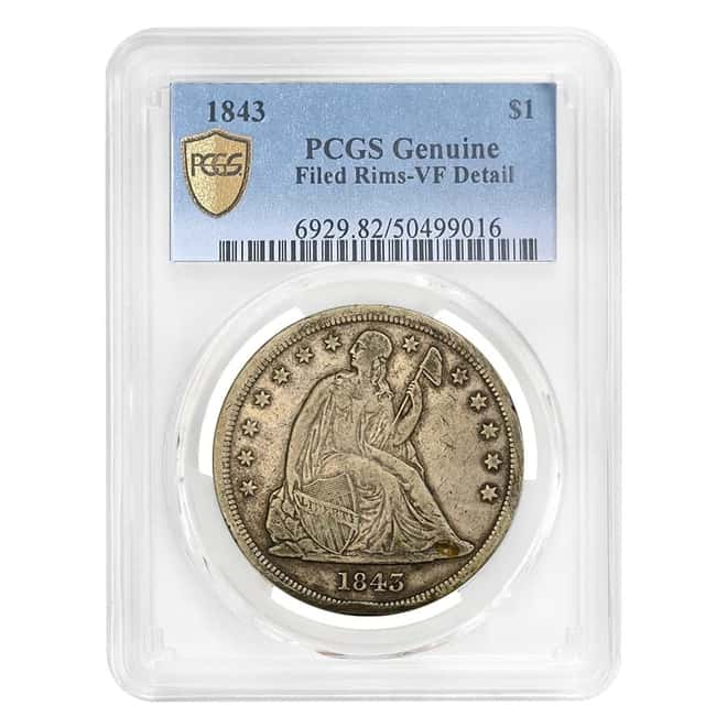 1843 Seated Liberty Silver Dollar $1 Coin PCGS VF Detail