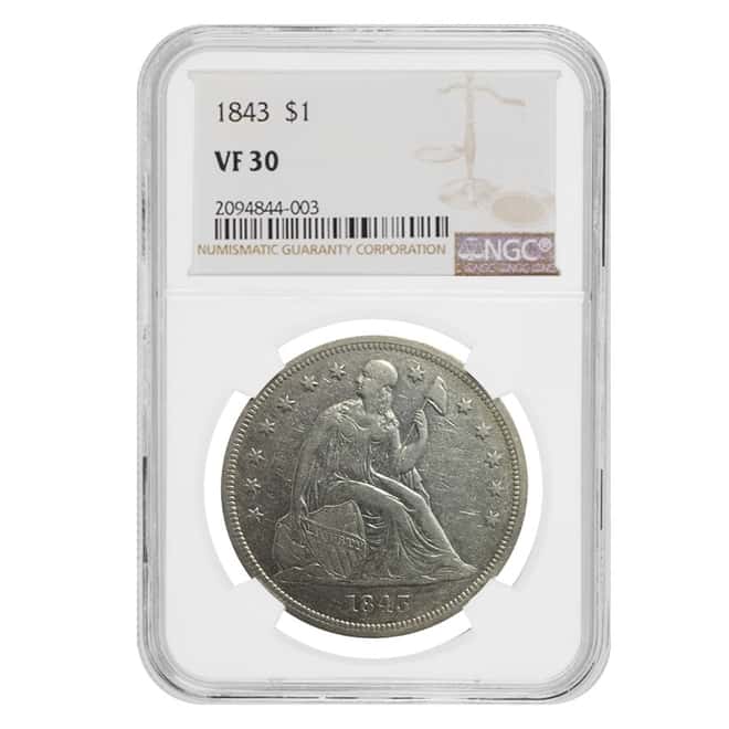 1843 Silver Seated Liberty Dollar Coin NGC VF 30