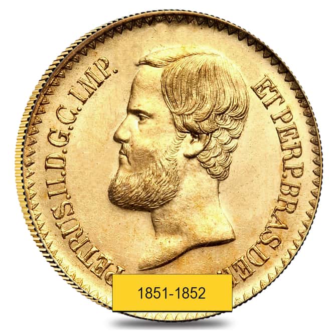 Brazil Gold 20,000 Reis Pedro II Coin AGW .5286 oz (1851-1889, Random Year) Avg Circ