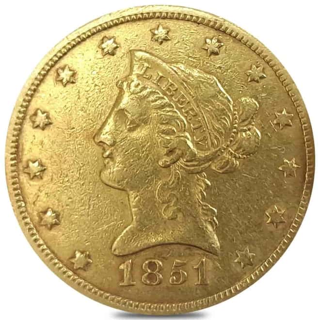 1851 $10 Liberty Head Eagle Gold Coin XF Details (Cleaned)