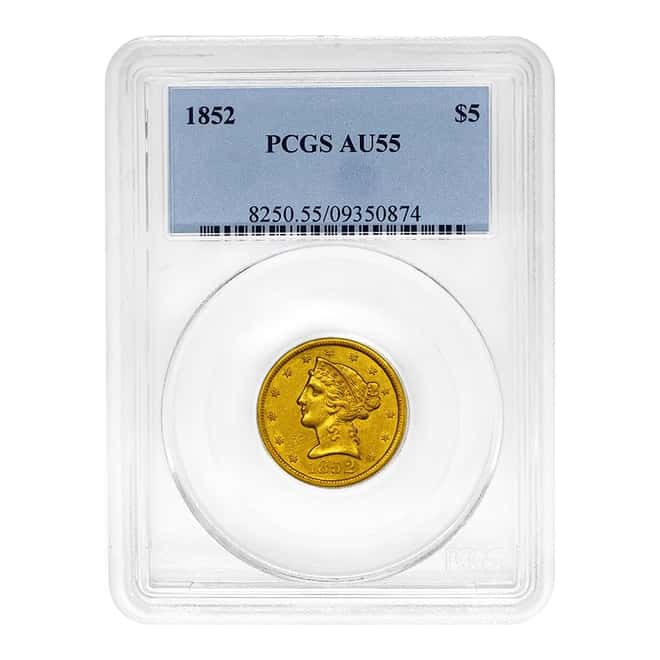 1852 $5 Liberty Head Half Eagle Gold Coin PCGS AU 55