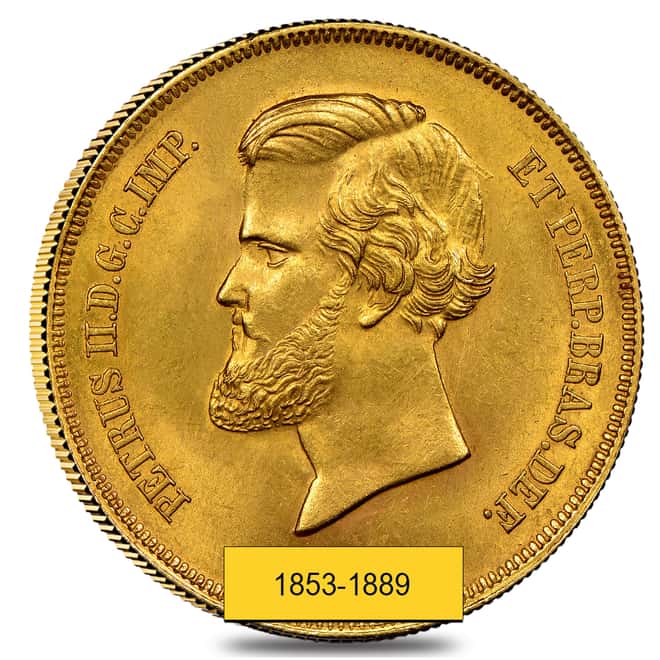 Brazil Gold 20,000 Reis Pedro II Coin AGW .5286 oz (1851-1889, Random Year) Avg Circ