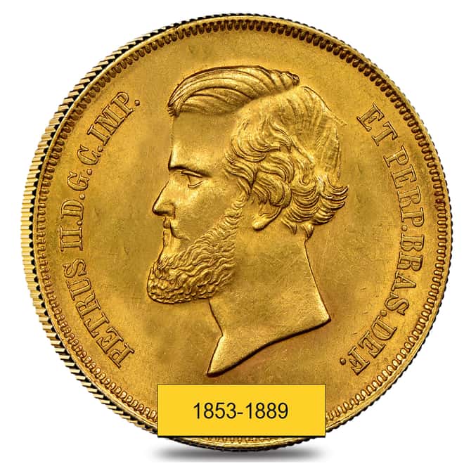 Brazil Gold 20,000 Reis Pedro II Coin AGW .5286 oz (1851-1889, Random Year) Cleaned