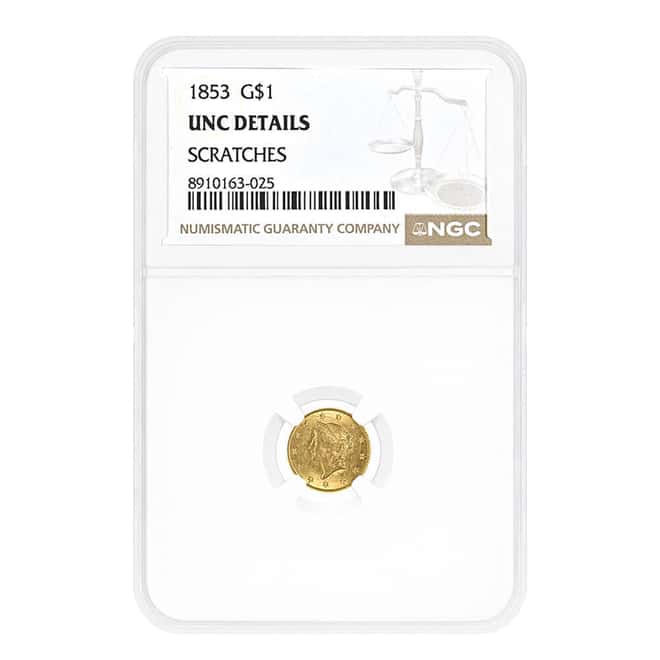 1853 $1 Liberty Head Gold Coin NGC UNC Details