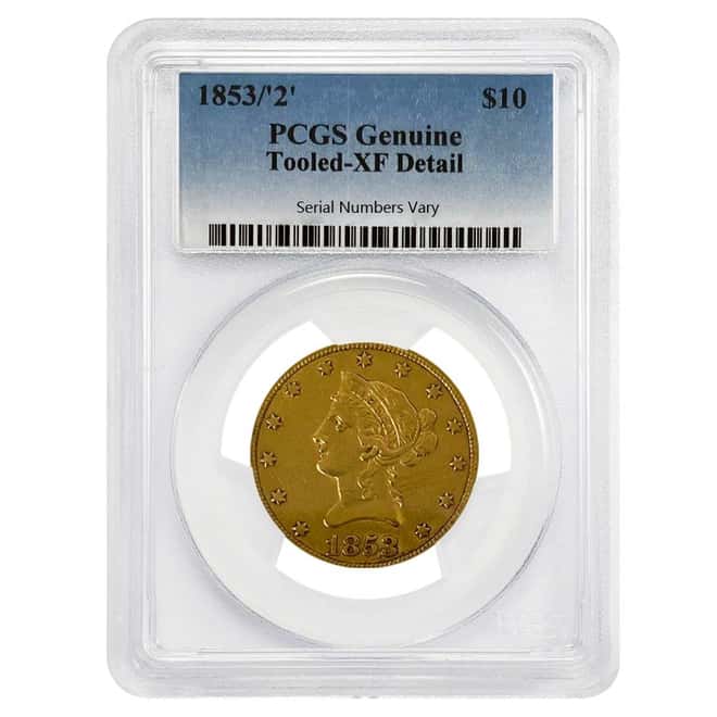 1853/'2' $10 Liberty Head Gold Eagle Coin PCGS XF Detail