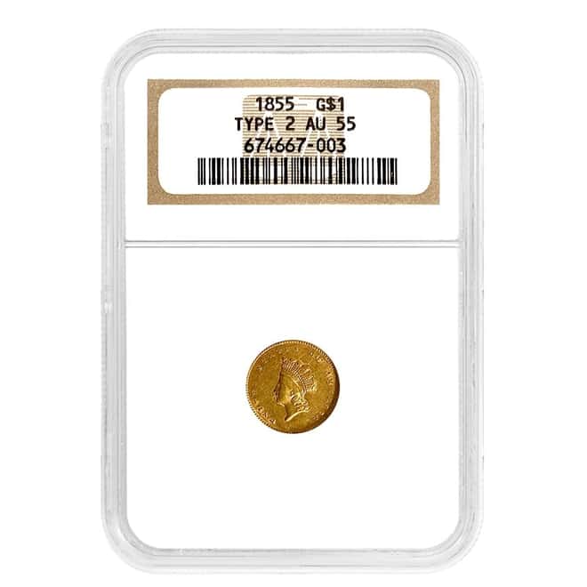 1855 $1 Gold Indian Princess Head Type 2 NGC AU 55