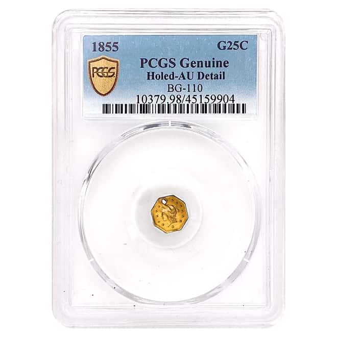 1855 Gold Liberty Head Octagonal 25C 1/4 Dollar PCGS AU Detail (Holed)