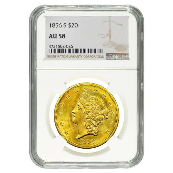 1856 S $20 Liberty Head Double Eagle Gold Coin NGC AU 58