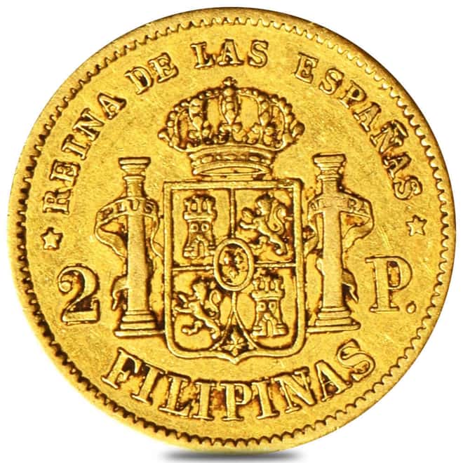 1861-1868 Philippines 2 Pesos Gold Coin Avg Circ (Random Year)