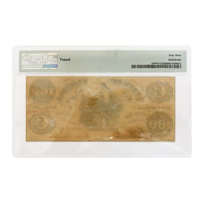 1861 $100 State of Florida Tallahassee Obsolete Currency Note PMG UNC 63