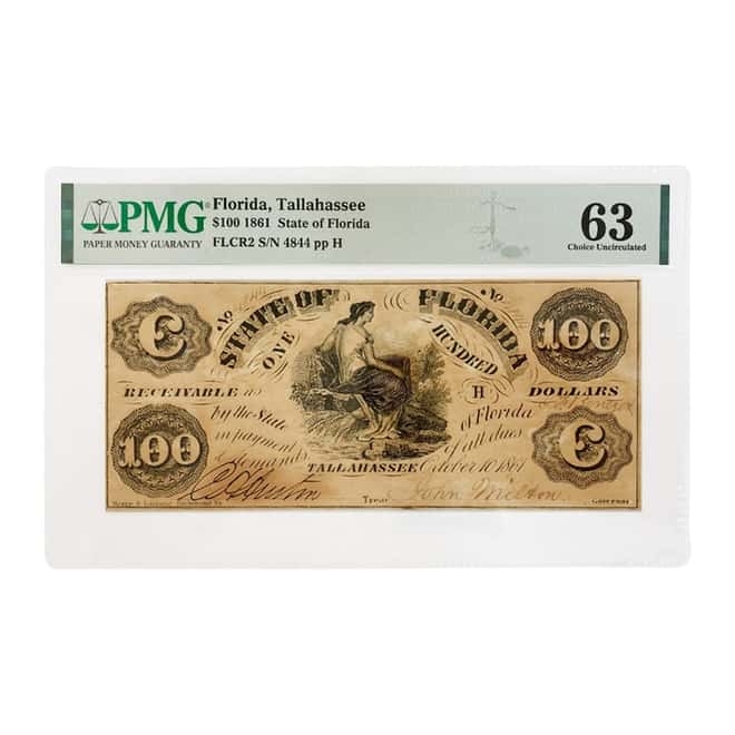 1861 $100 State of Florida Tallahassee Obsolete Currency Note PMG UNC 63