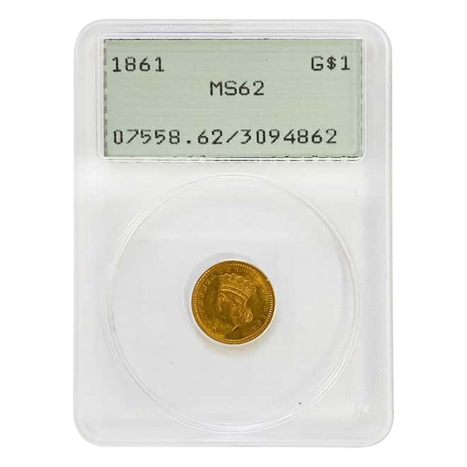 1861 $1 Gold Indian Princess Head Type 3 PCGS MS 62 (Rattler Holder)