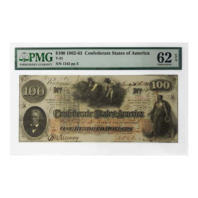 1862-1863 $100 Confederate States of America Currency Note PMG UNC 62 EPQ