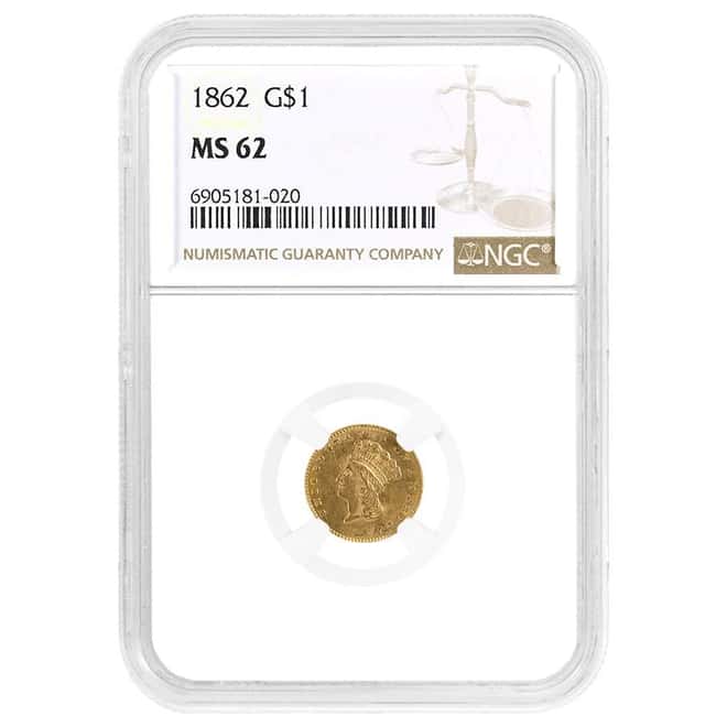 1862 $1 Gold Indian Princess Head Type 3 NGC MS 62