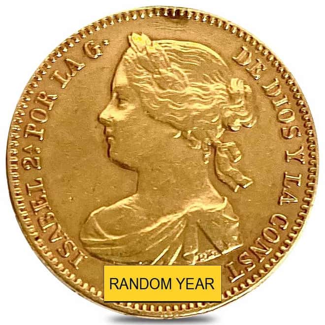 1865 - 1868 Spain 10 Escudos Isabel II Gold Coin AGW .2427 oz Ex-Jewelry (Random Year)