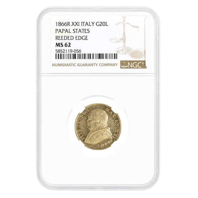 1866 XXI 20 Lire Italy Papal States Gold Coin Reeded Edge NGC MS 62