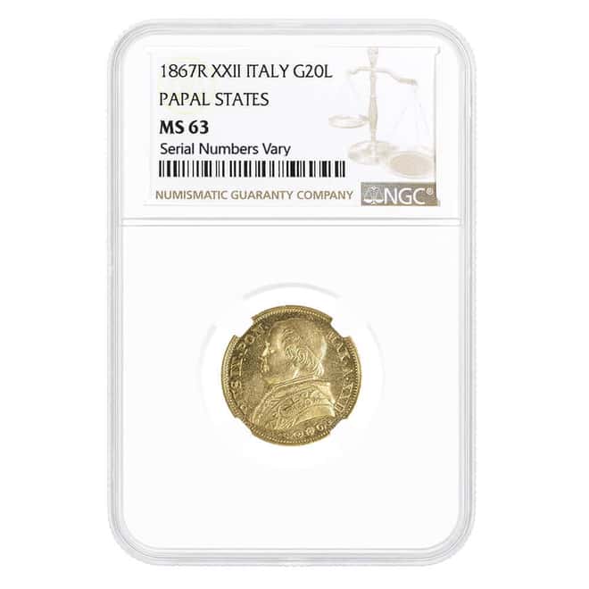 1867 XXI 20 Lire Italy Papal States Gold Coin NGC MS 63