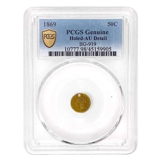1869 Gold Liberty Head Octagonal 50C 1/2 Dollar PCGS AU Detail (Holed)