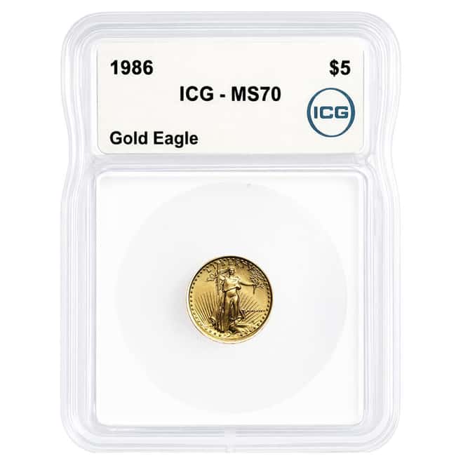 1986 1/10 oz $5 Gold American Eagle ICG MS 70