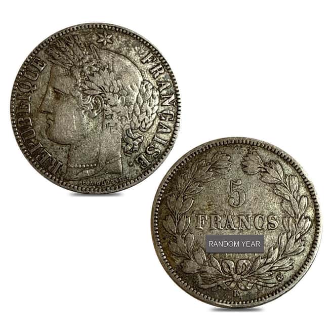 1870-1871 France 5 Francs Liberty Head Silver Coin Avg Circ (Random Year)