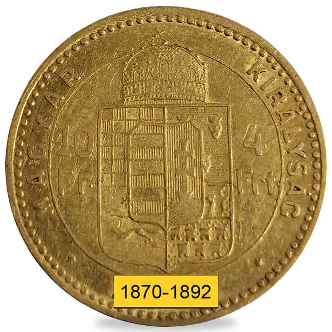1870-1892 Hungary 4 Forint/10 Francs Gold Coin Avg Circ (Random Year)