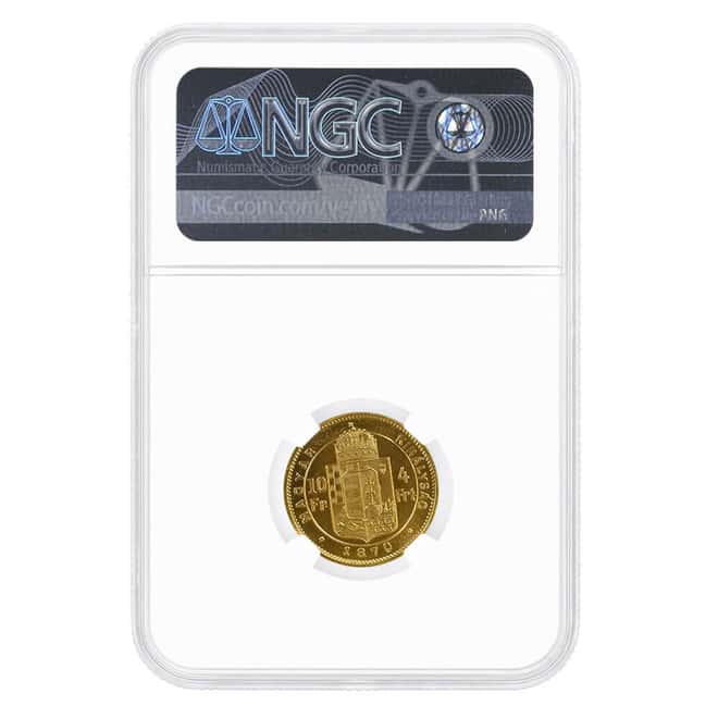 1870 Hungary 4 Forint/10 Francs Restrike Gold Coin NGC MS 67