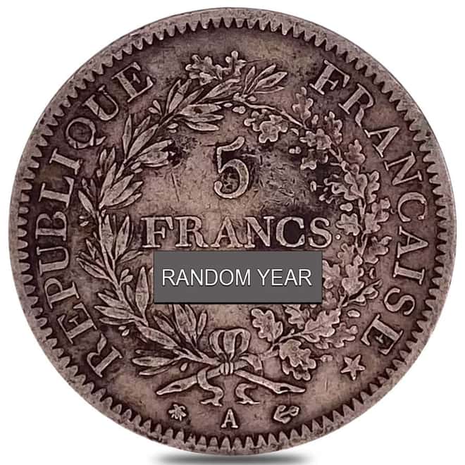 1870 - 1889 France 5 Francs Hercules Silver Coin Avg Circ ASW .7234 oz