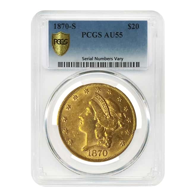 1870 S $20 Gold Double Eagle Liberty Head PCGS AU 55
