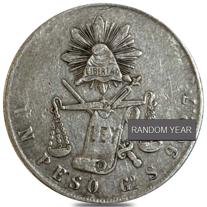 1871-1892 Mexico Second Republic 1 Peso Silver Coin Avg Circ (Random Year)