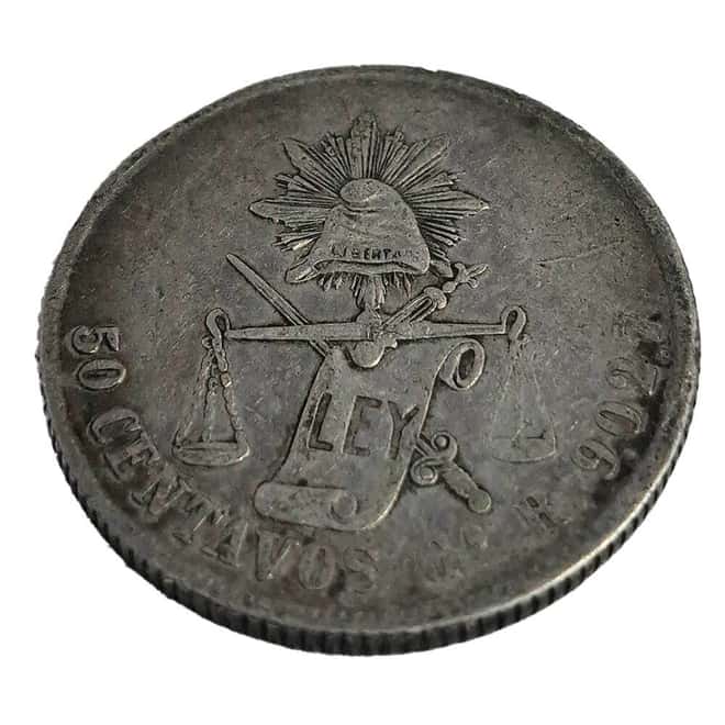 1871-1892 Mexico 50 Centavos Second Republic Silver Coin Avg Circ (Random Year)