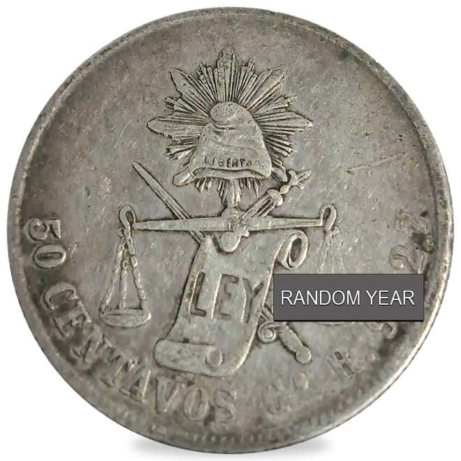 1871-1892 Mexico 50 Centavos Second Republic Silver Coin Avg Circ (Random Year)