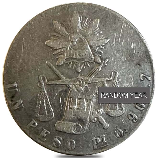 1871-1892 Mexico Second Republic 1 Peso Silver Coin Avg Circ (Random Year)