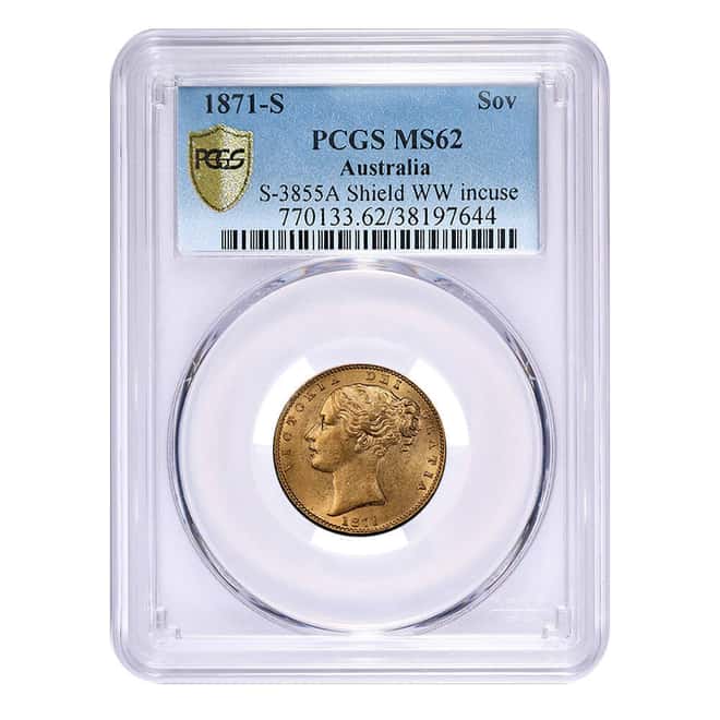 1871-S Australia Sovereign S-3855A Shield WW Incuse Gold Coin PCGS MS 62