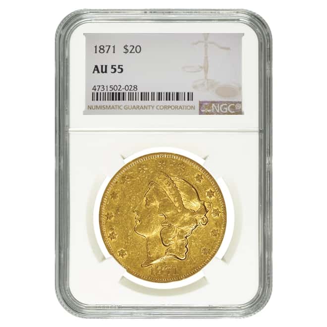 1871 $20 Liberty Head Double Eagle Gold Coin NGC AU 55