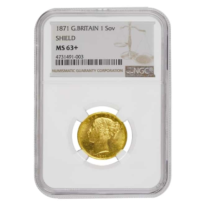 1871 British Gold Sovereign Victoria Young Head Shield NGC MS 63+
