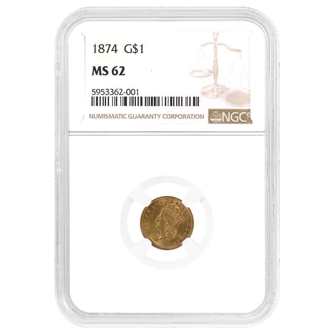 1874 $1 Gold Indian Princess Head Type 3 NGC MS 62
