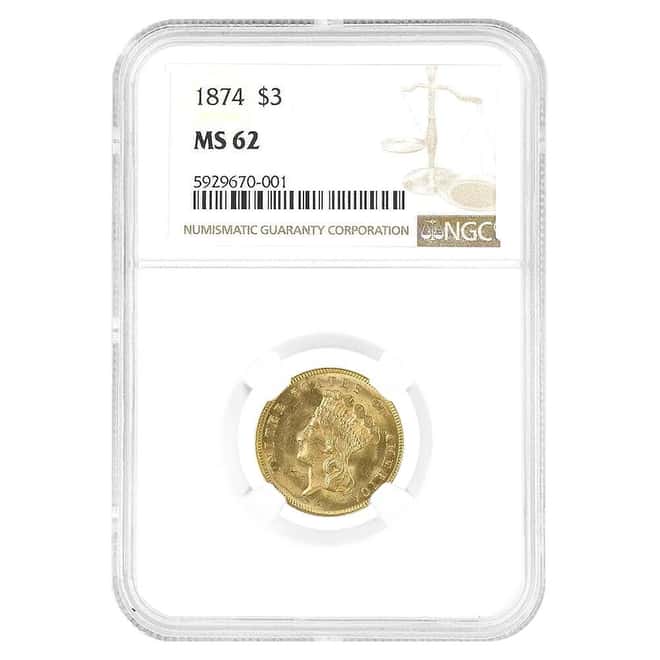1874 $3 Indian Princess Head Gold Coin NGC MS 62