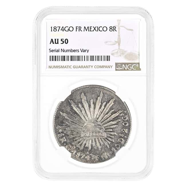 1874 GO FR Mexico 8 Reales Cap & Rays Silver Coin NGC AU 50