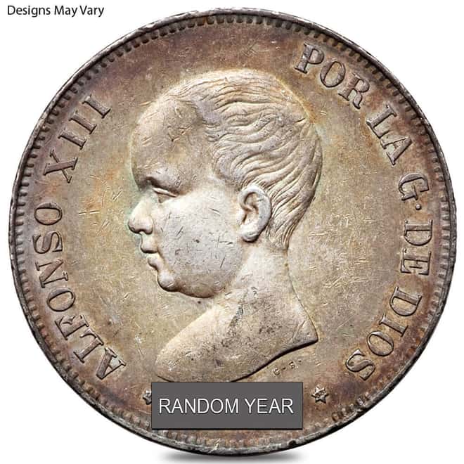 1875-1899 Spain 5 Pesetas Silver Coin Cull (Random Year)