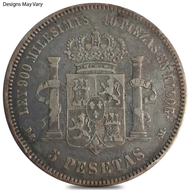 1875-1899 Spain 5 Pesetas Silver Coin Cull (Random Year)