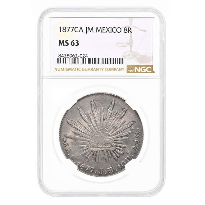1877 CA JM Mexico 8 Reales Cap & Rays Silver Coin NGC MS 63