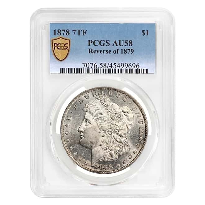1878 Morgan Silver Dollar $1 7 Tailfeathers Rev of 79 PCGS AU 58