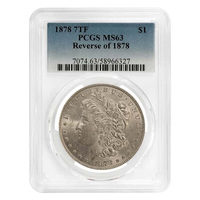 1878 Morgan Silver Dollar $1 7 Tailfeathers Reverse of 78 PCGS MS 63