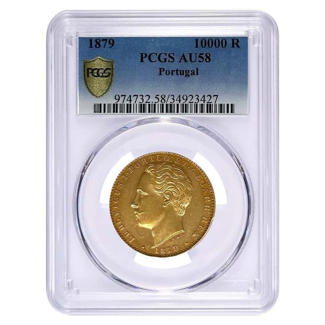 1879 Portugal 10000 Reis Luis I Gold Coin PCGS AU 58